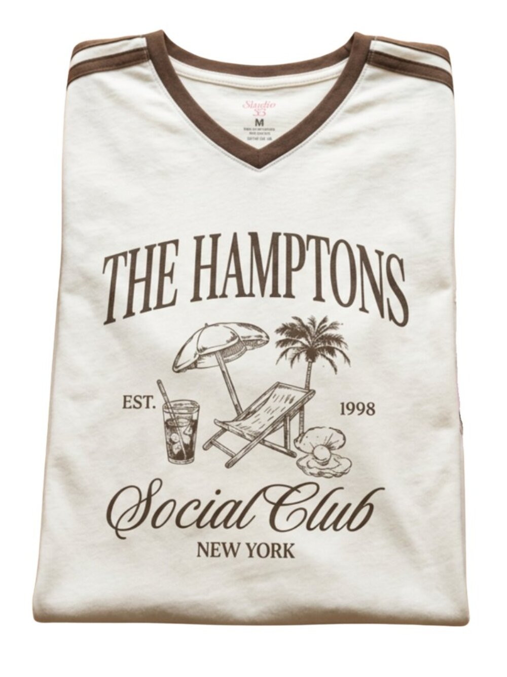 The Hamptons Social Club Graphic Tee Women's Cream V-Neck Short Sleeve Shirt S-X